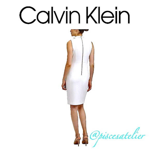 Calvin Klein Tie-Neck Scuba-Crepe Sheath Dress in White, Women’s Size 2 - Picture 3 of 9